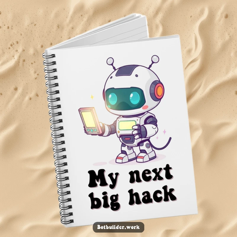 Funny Notebook: A cute robot animal character enthusiastically programming a glowing screen, perfect for capturing code ideas.