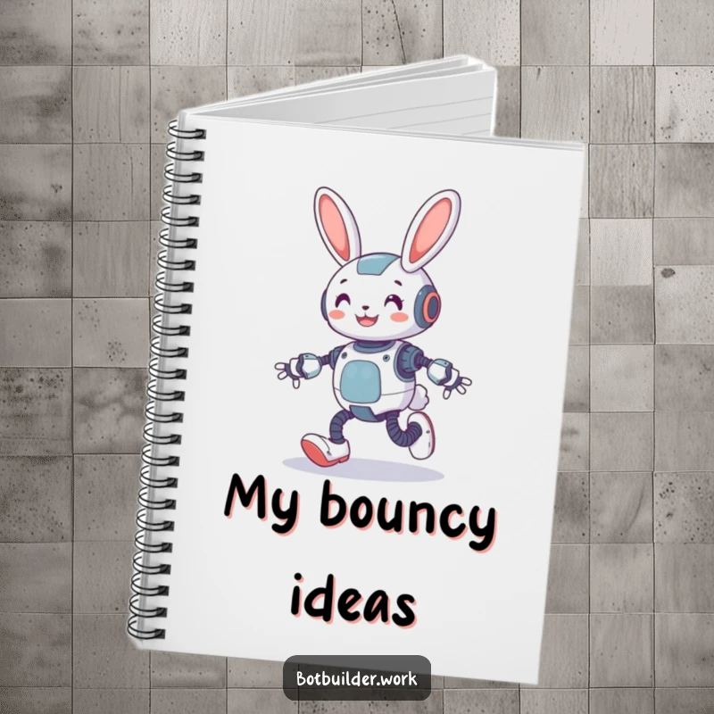 Funny robot rabbit character on a notebook cover, hopping with spring-loaded legs, ready for creative notes.