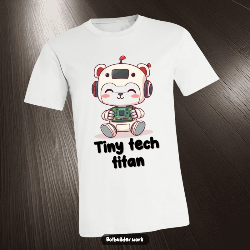 Funny T-Shirt with a cute robot animal character smiling, focused on assembling a small, complex circuit board with tiny tools. A tech enthusiast's dream.