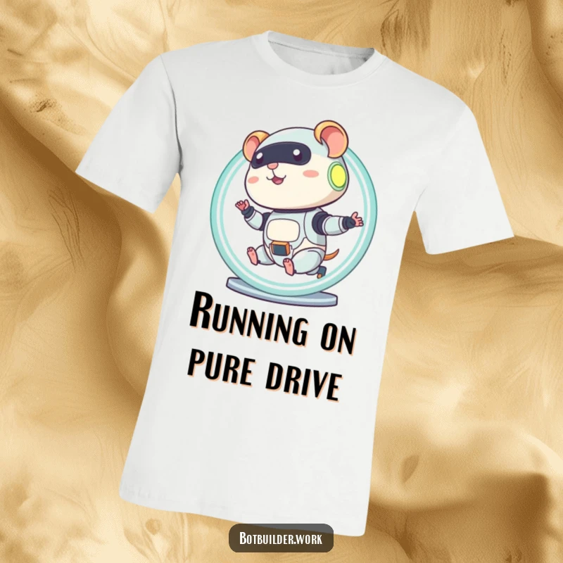 Funny robot hamster shirt design of a character running tirelessly in a glowing wheel, full of energy.