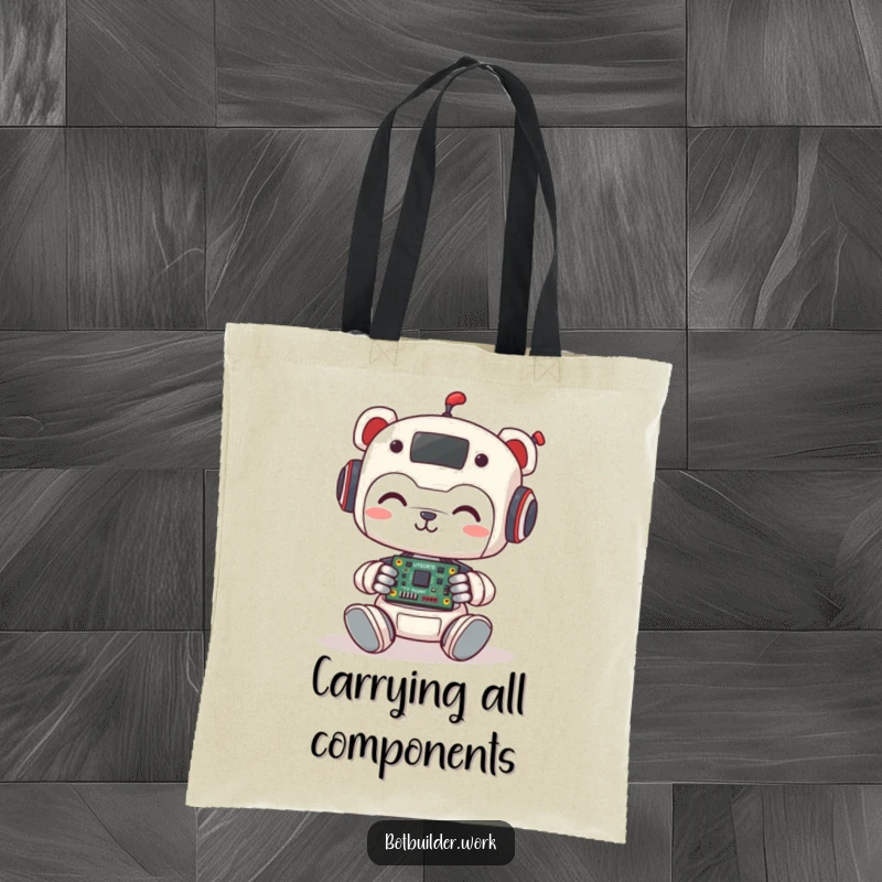Funny Tote Bag: Cute robot animal character with a smile, focused on assembling a tiny circuit board, bringing tech humor to everyday errands.