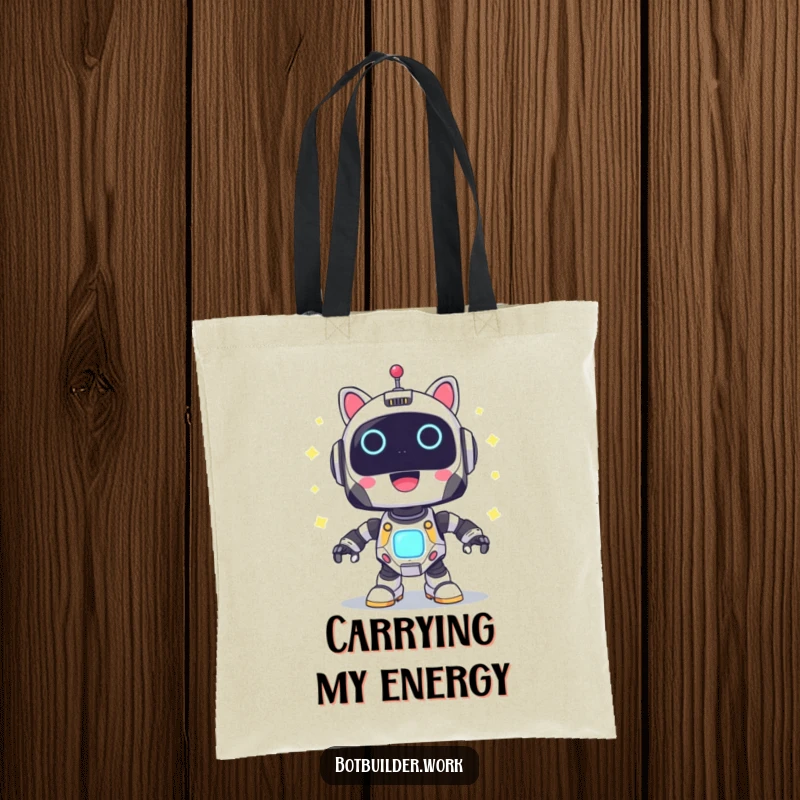 Funny Tote Bag: A cute robot animal character powering up with joyful blinking lights, a vibrant accessory for daily adventures.