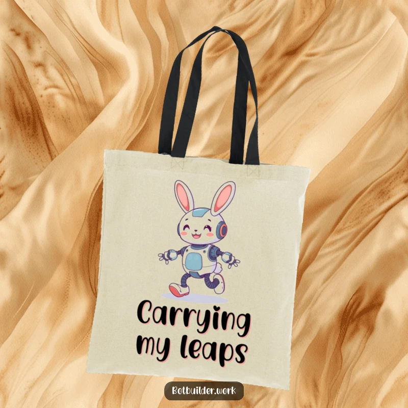 Funny robot rabbit character hopping with spring-loaded legs on a tote bag, showcasing a humorous design.
