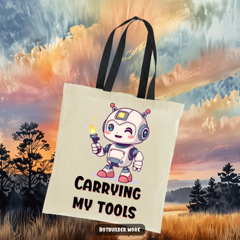 Funny Tote Bag: A cute robot animal character playfully holds a welding torch, ready for any project, big or small.