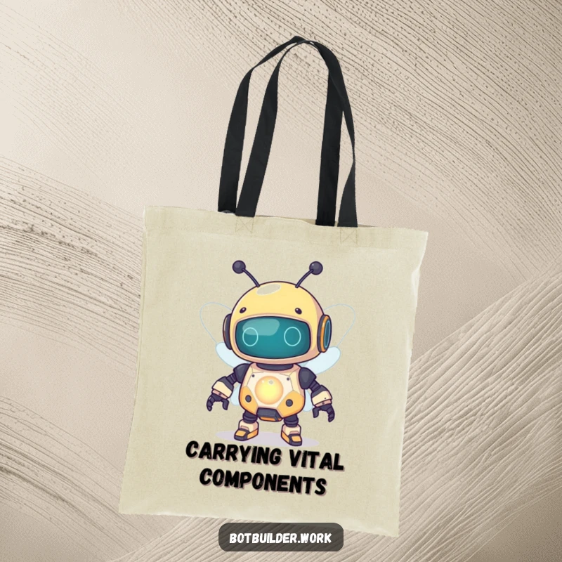 Funny robot bee character carrying a glowing capacitor on a durable tote bag, showcasing a humorous design.